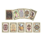 Set of tarot cards with artistic designs and text on a white background
