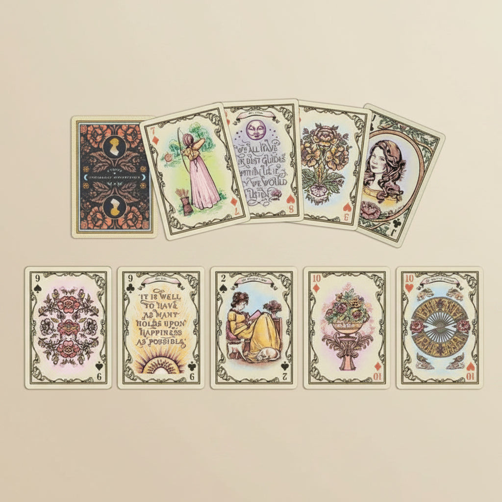 Set of tarot cards with artistic designs and text on a white background