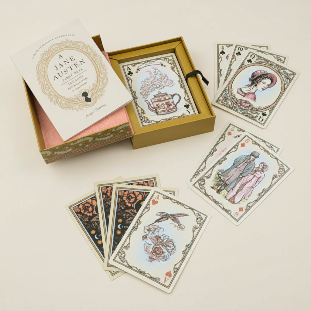 Set of tarot cards with decorative designs and a Jane Austen book on a white background