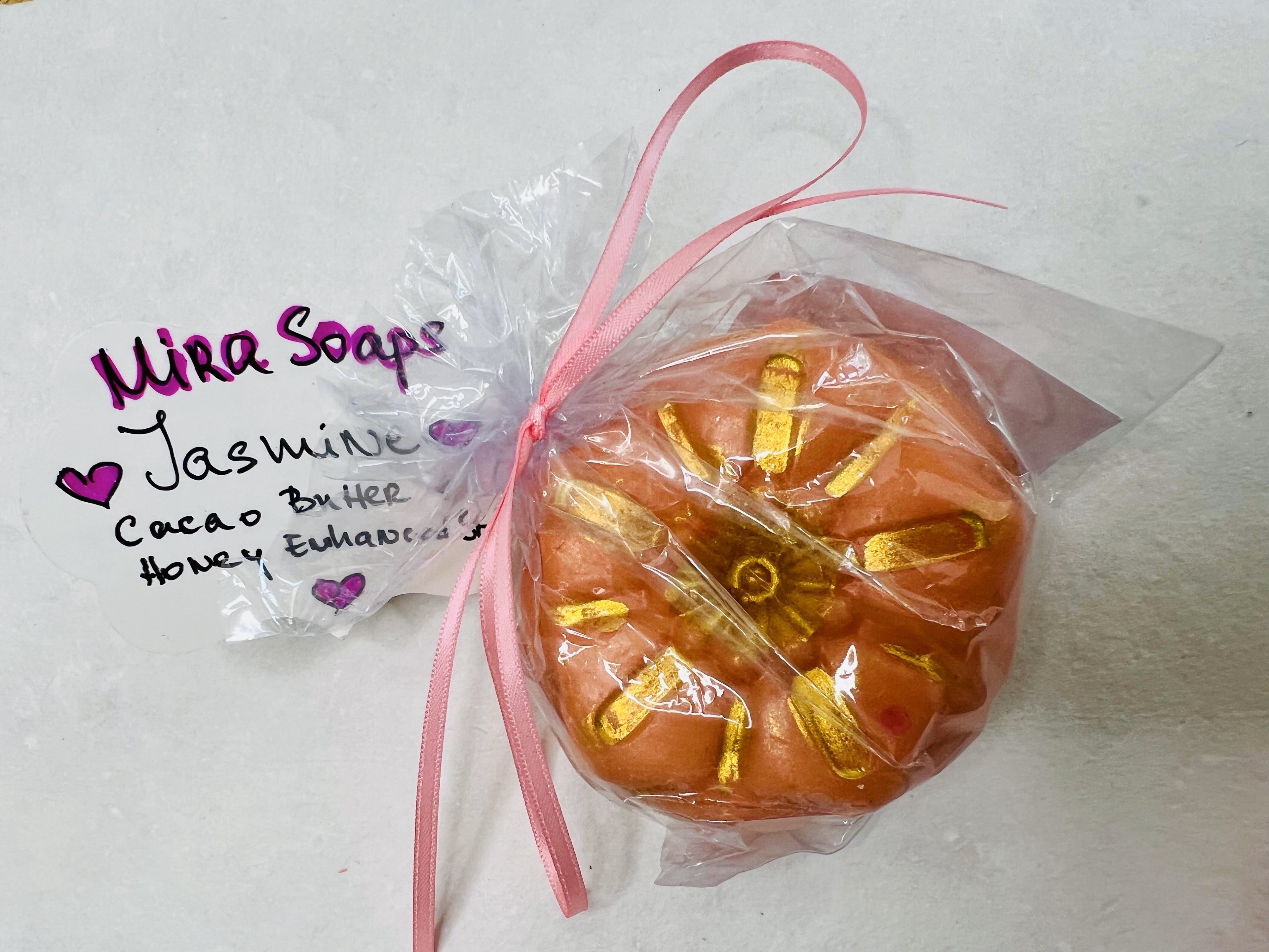Gift-ready jasmine soap wrapped with spring-inspired packaging