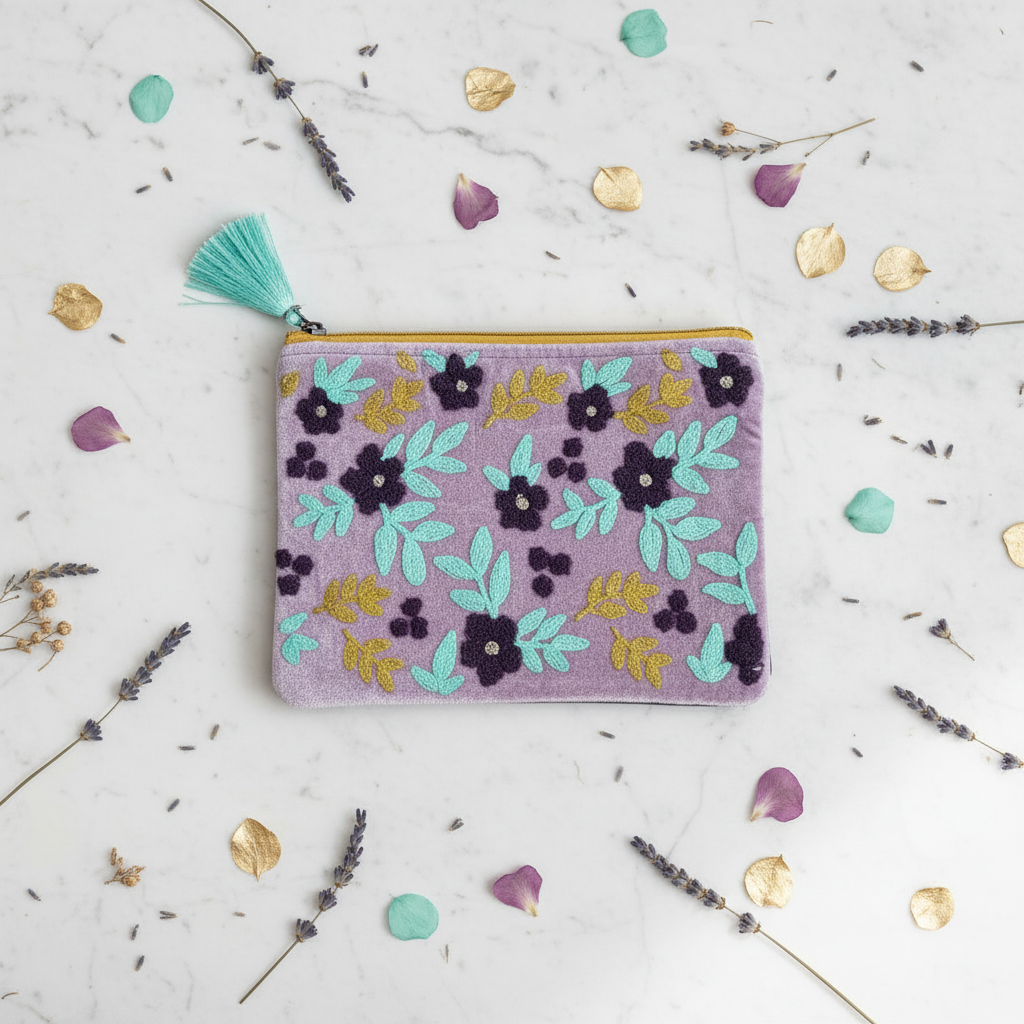Floral-patterned pouch with a tassel on a white background with floral elements
