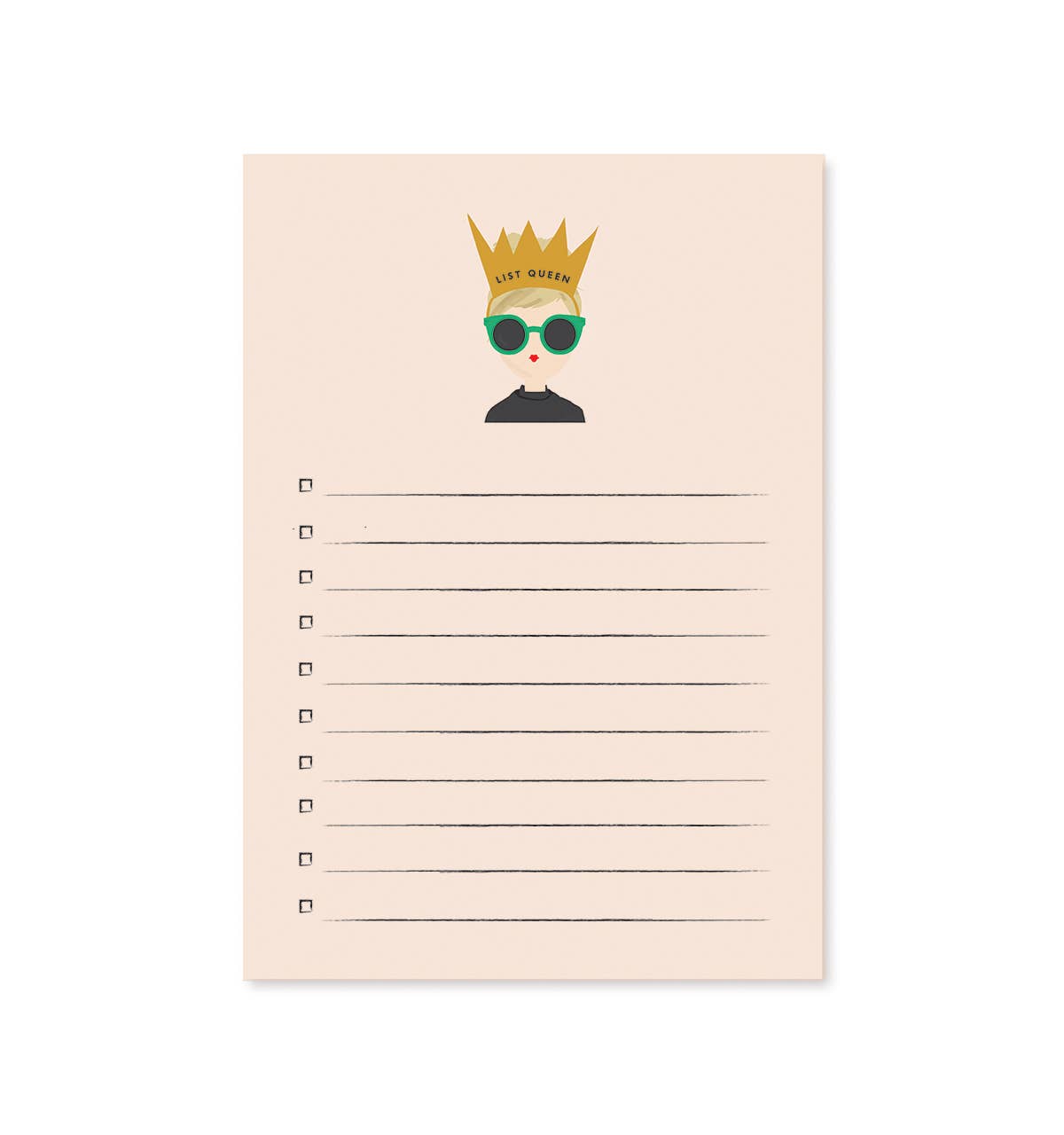 Notepad with a decorative cover featuring a person wearing a crown and sunglasses, on a white background