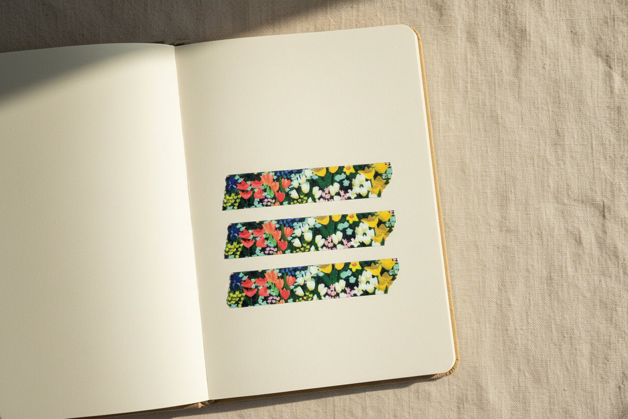 Strips of the Meadow Floral Washi Tape added to a white journal page with a neutral textured background