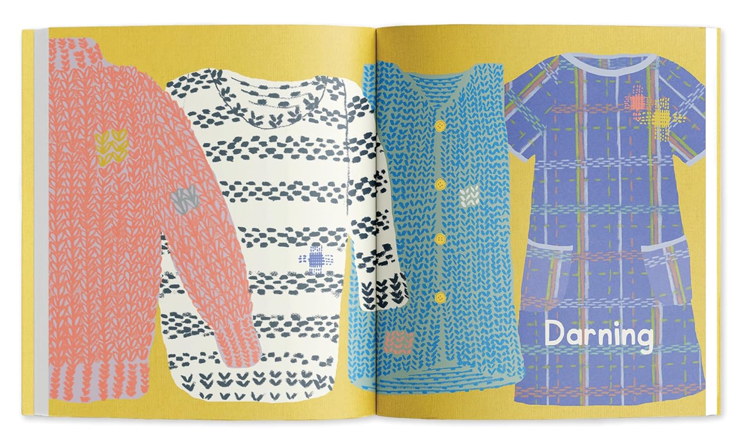 Illustrations of children's clothing on a yellow background with 'Darning' text.