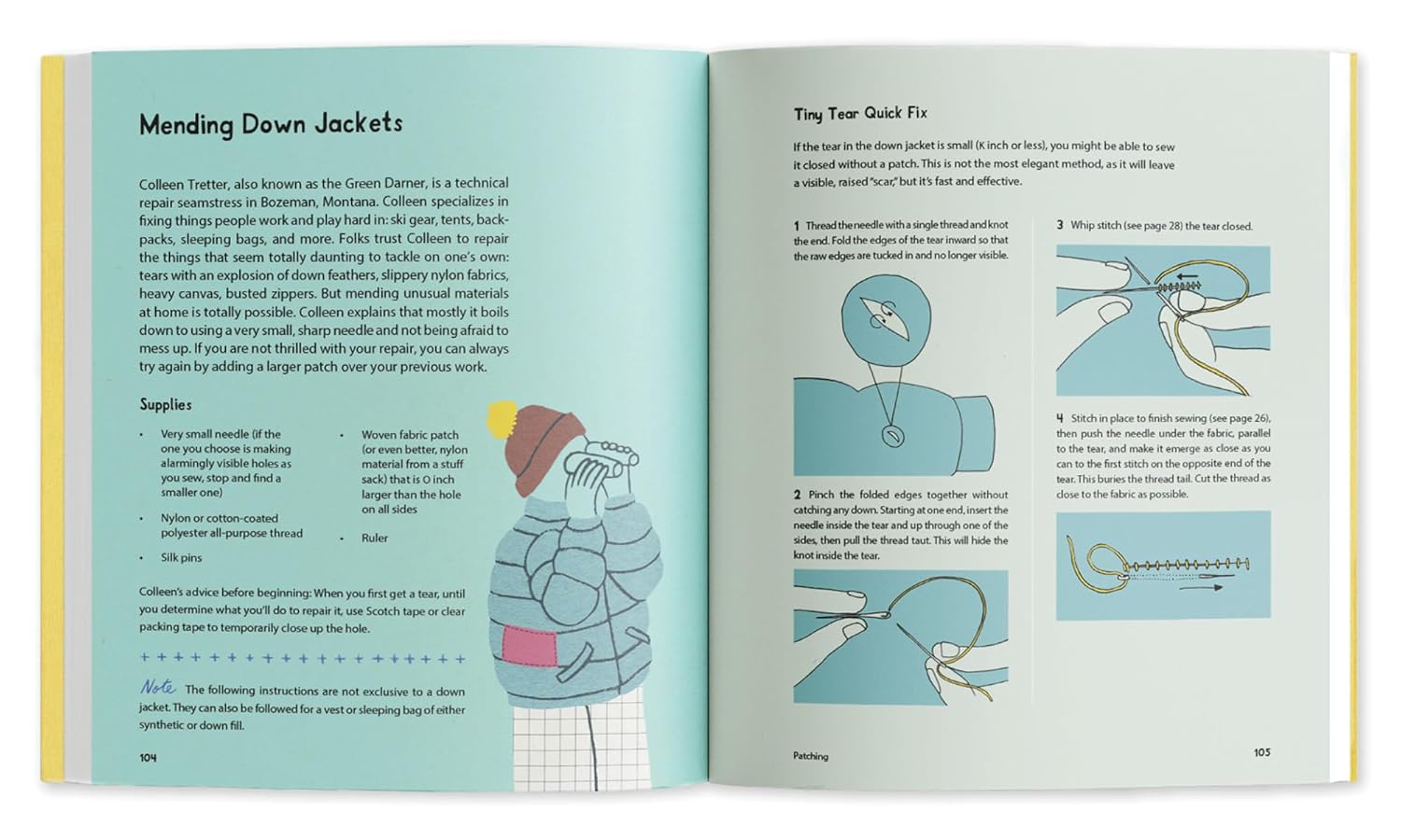 Open book showing instructions on mending down jackets with illustrations and text.