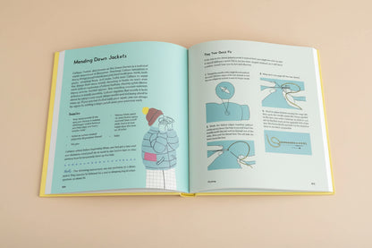 Open book showing instructions on mending down jackets with illustrations and text.