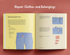 Open book showing instructions on repairing clothes with illustrations and text.