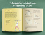 Open book on sewing techniques with illustrations and text on a green background