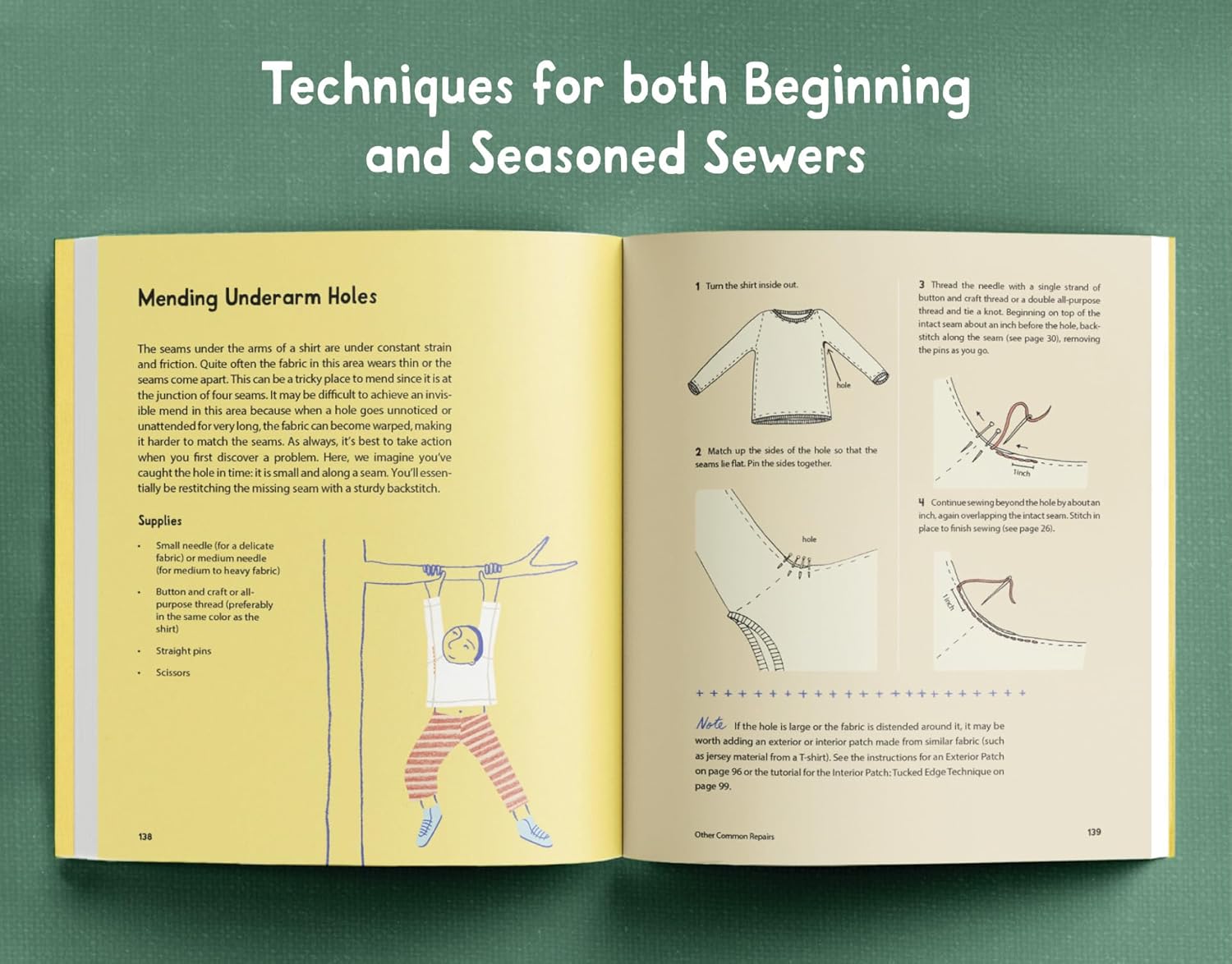 Open book on sewing techniques with illustrations and text on a green background