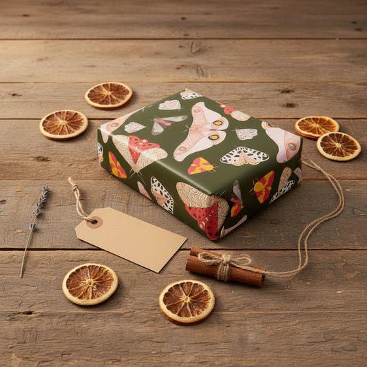 Moth gift wrap in earthy tones on a wooden surface with natural gift wrapping elements
