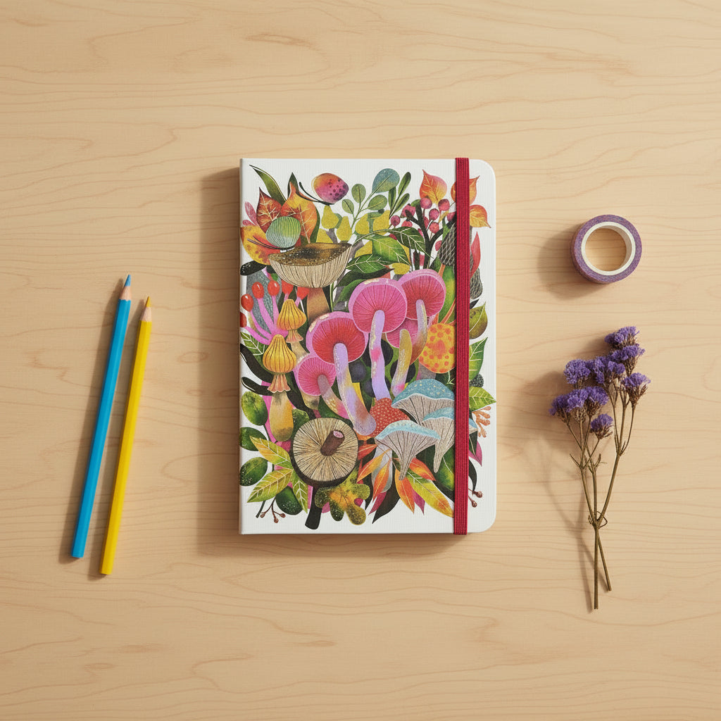 Notebook with colorful mushroom design on a desk top with color pencils, washi tape and some dried flowers