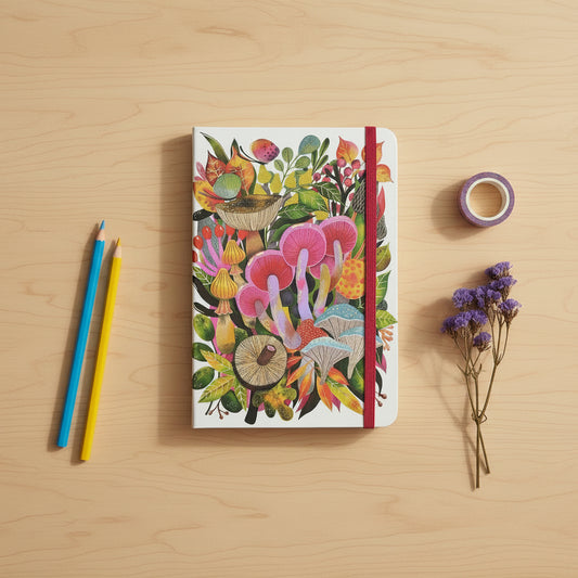 Notebook with colorful mushroom design on a desk top with color pencils, washi tape and some dried flowers