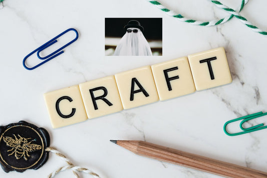 Image of the word, "Craft" spelled out with Scrabble-like letters, other craft supplies, and mystery. 