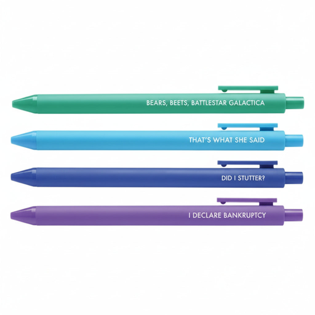 A set of four gel pens in various colors, each with a phrase from the TV show 'The Office' printed on the side.