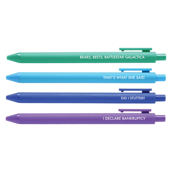 A set of four gel pens in various colors, each with a phrase from the TV show 'The Office' printed on the side.