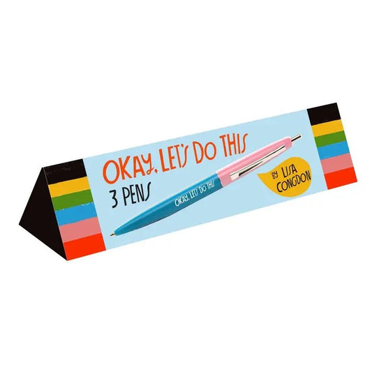 Set of three Lisa Congdon pens with motivational phrases on a colorful background