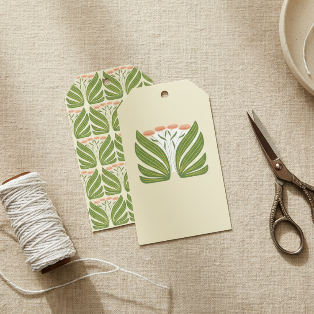 Two decorative tags with leaf and flower pattern on a white background