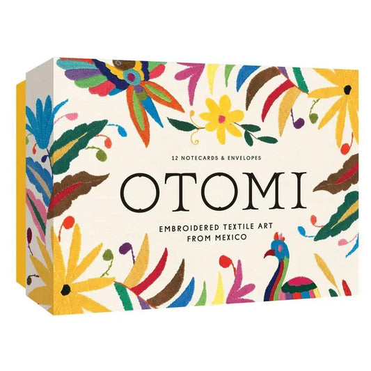 Close up view of the notecard set with historical Otomi embroidery info card included