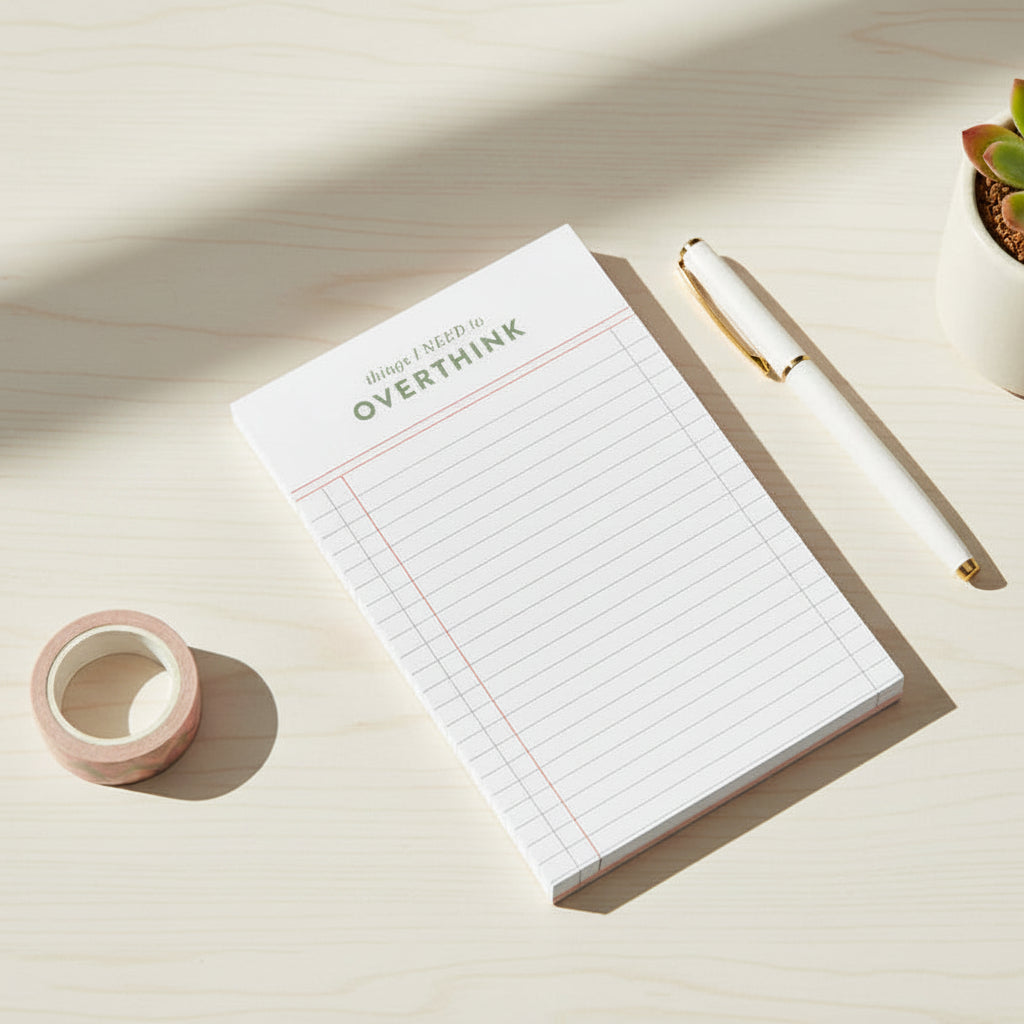 Notepad with grid lines and 'things I NEED to OVERTHINK' text on a white background with a succulent plant and stationery accessories.