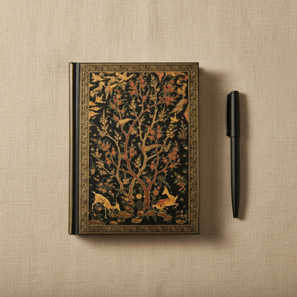 Decorative notebook with floral and animal design on a beige background