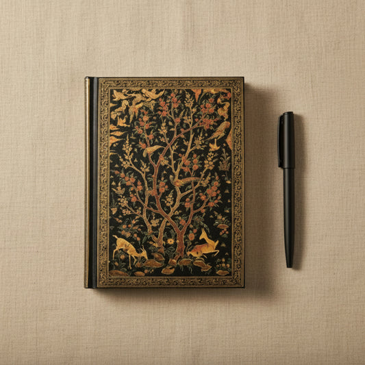 Decorative notebook with floral and animal design on a beige background