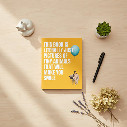 Book cover with a pug holding a blue balloon and text on a yellow background