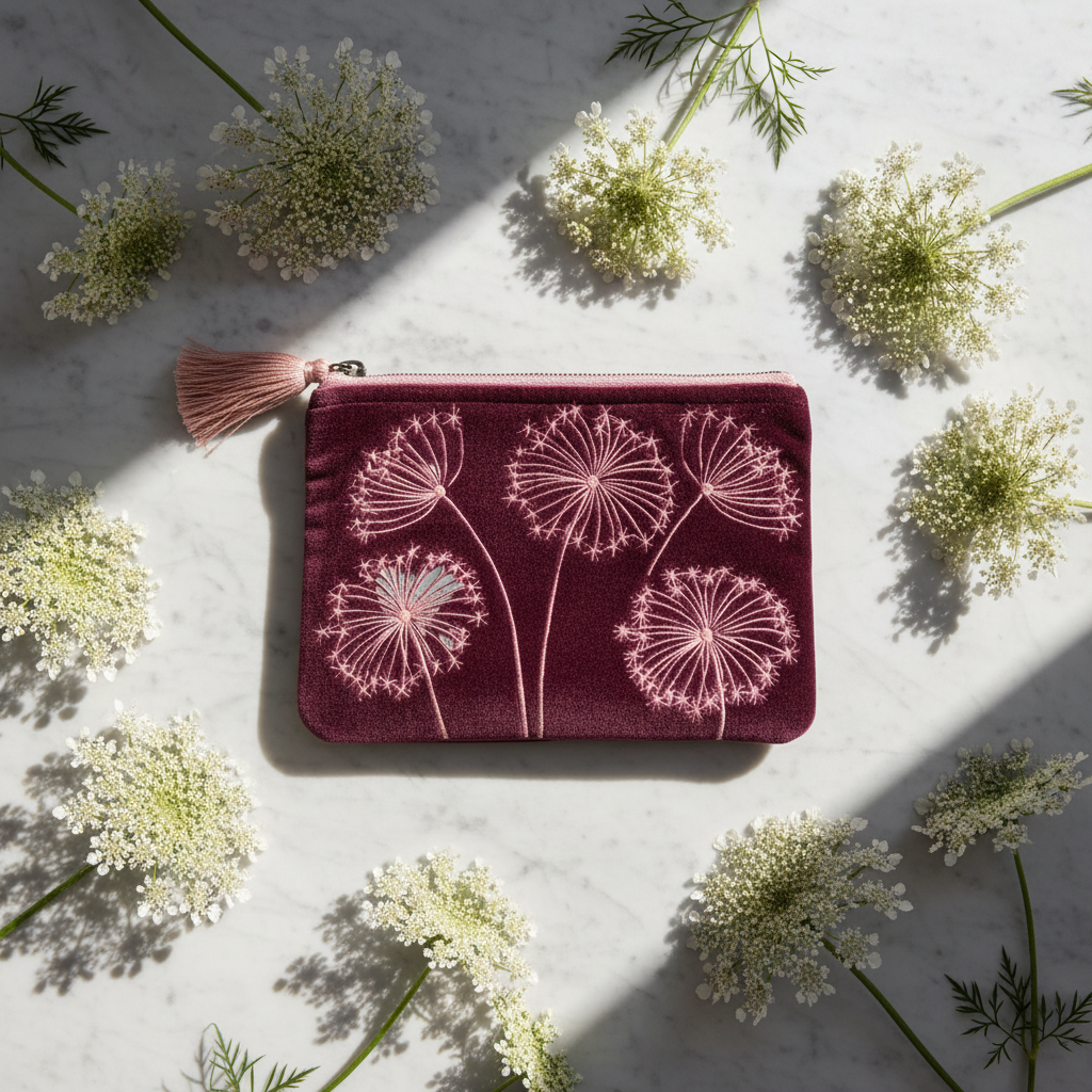 Dark velvet pouch with Queen Anne's Lace design on a beige background with Queen Anne's lace flowers