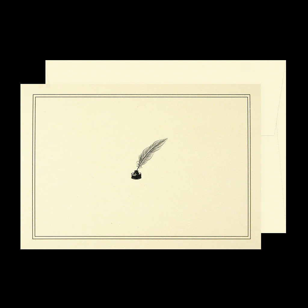 Beautifully embossed linen notecard with a ink-well and quill and self seal envelope