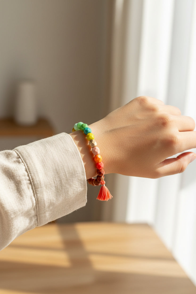 Hand wearing a colorful rainbow beaded bracelet with a tassel on a neutral background from Rochambeau Home Gifts