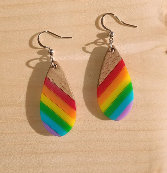 Handcrafted rainbow wood earrings perfect for Pride