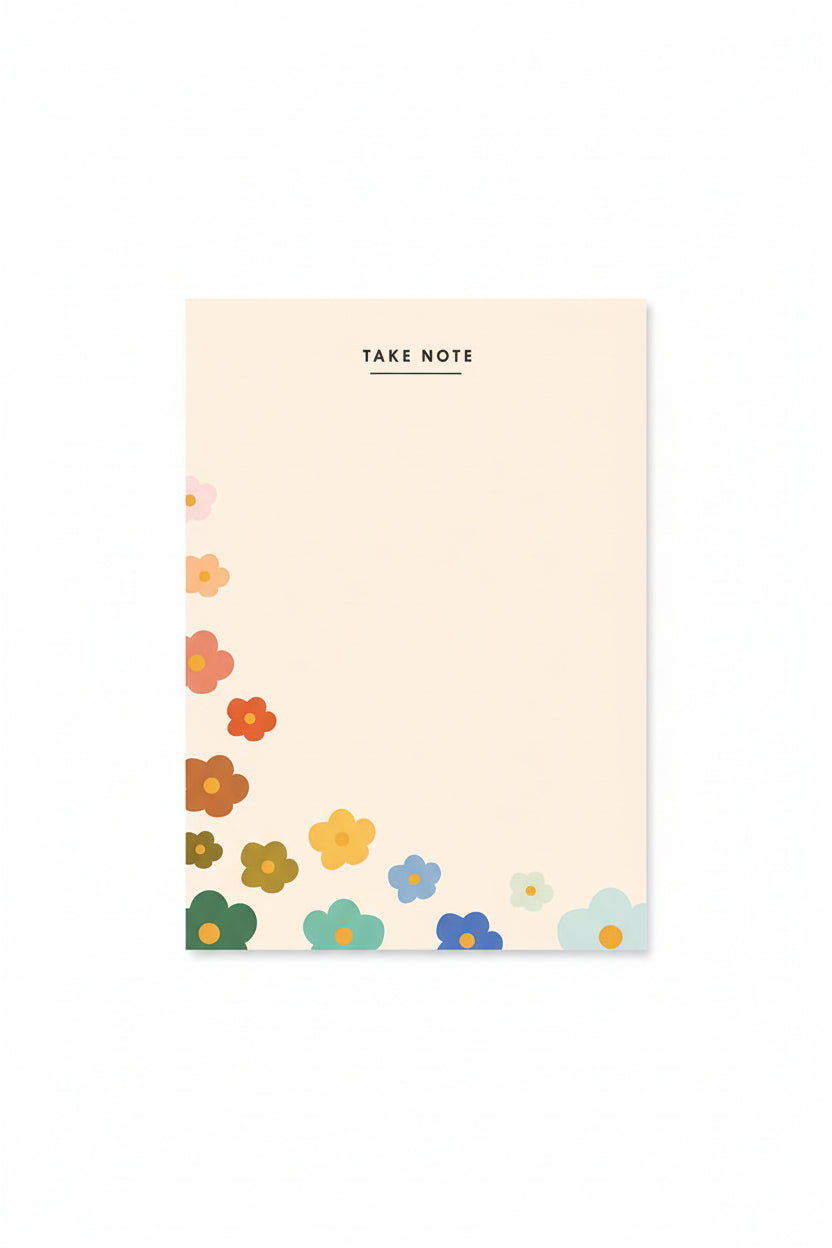Notebook with floral design on cover surrounded by pink and white flowers on a beige background
