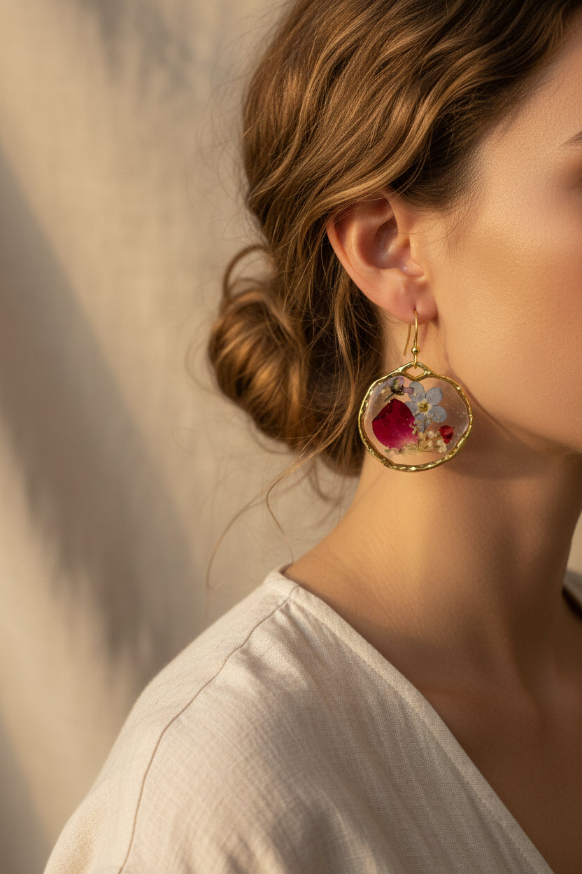 A woman wearing a pair of pressed floral earrings with a variety of flowers and gold details