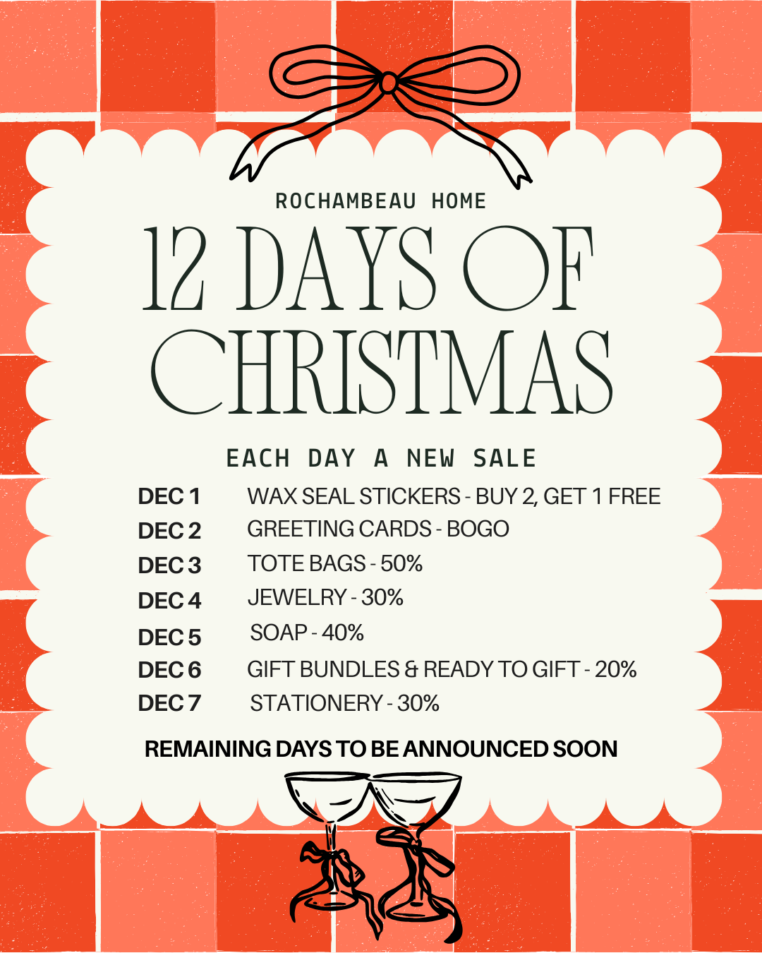 Promotional flyer for Rochambeau Home's '12 Days of Christmas' sale with a red and white checkered background.