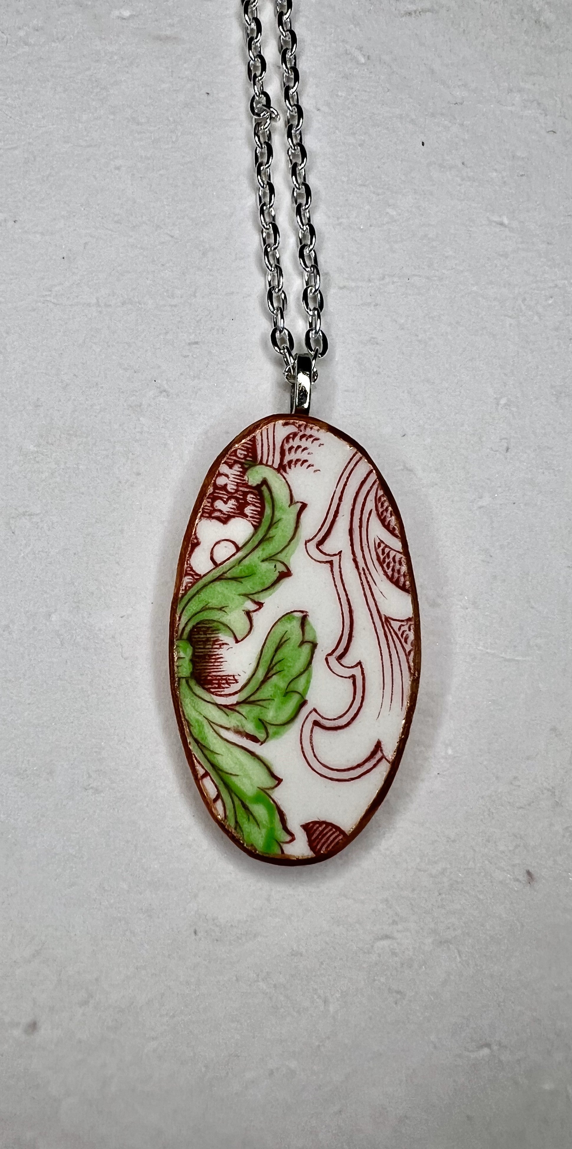 Recycled China Necklace – Oval Vintage Plate Pendant with Holiday Charm