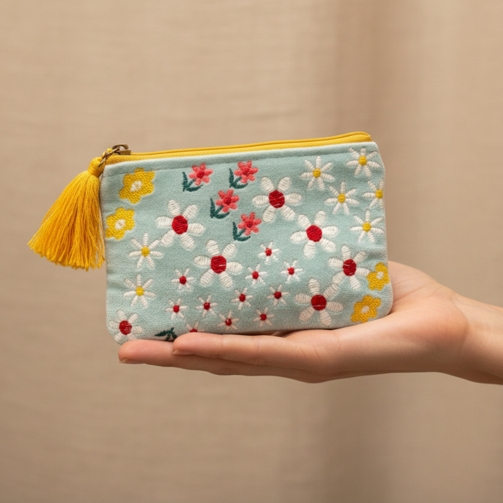 The Daisy wristlet held in someone's hand on a beige background