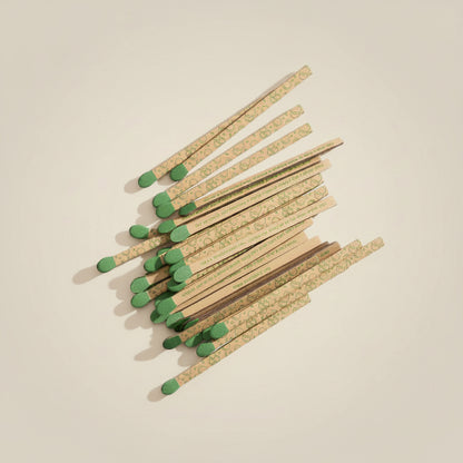 Matches with fun prompts arranged on a white background