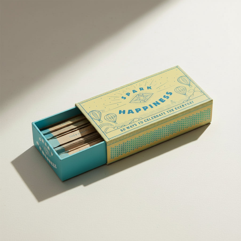 Matchbox with faux wooden matches and 'Spark Happiness' text on a white background