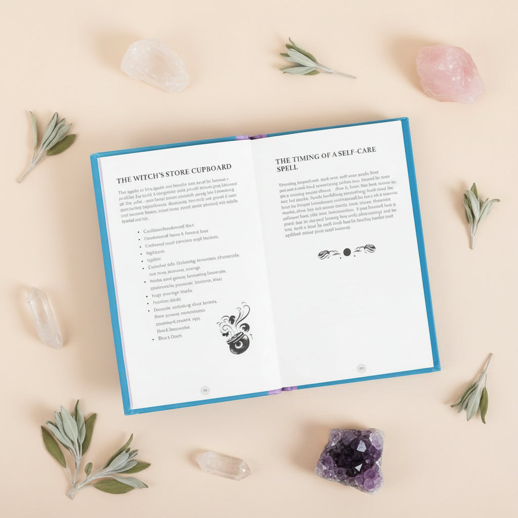 Open book with text and symbols on a white surface with candles and dried lavender.