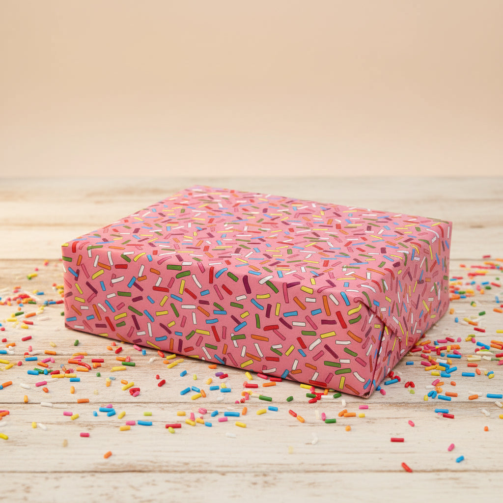 Pink gift box with colorful sprinkles pattern on a beige background