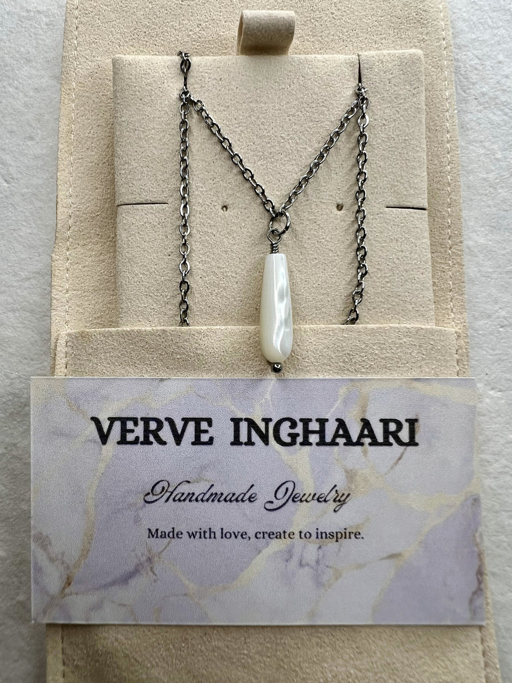 This Mother of Pearl drop necklace was created by Verve Inghaari