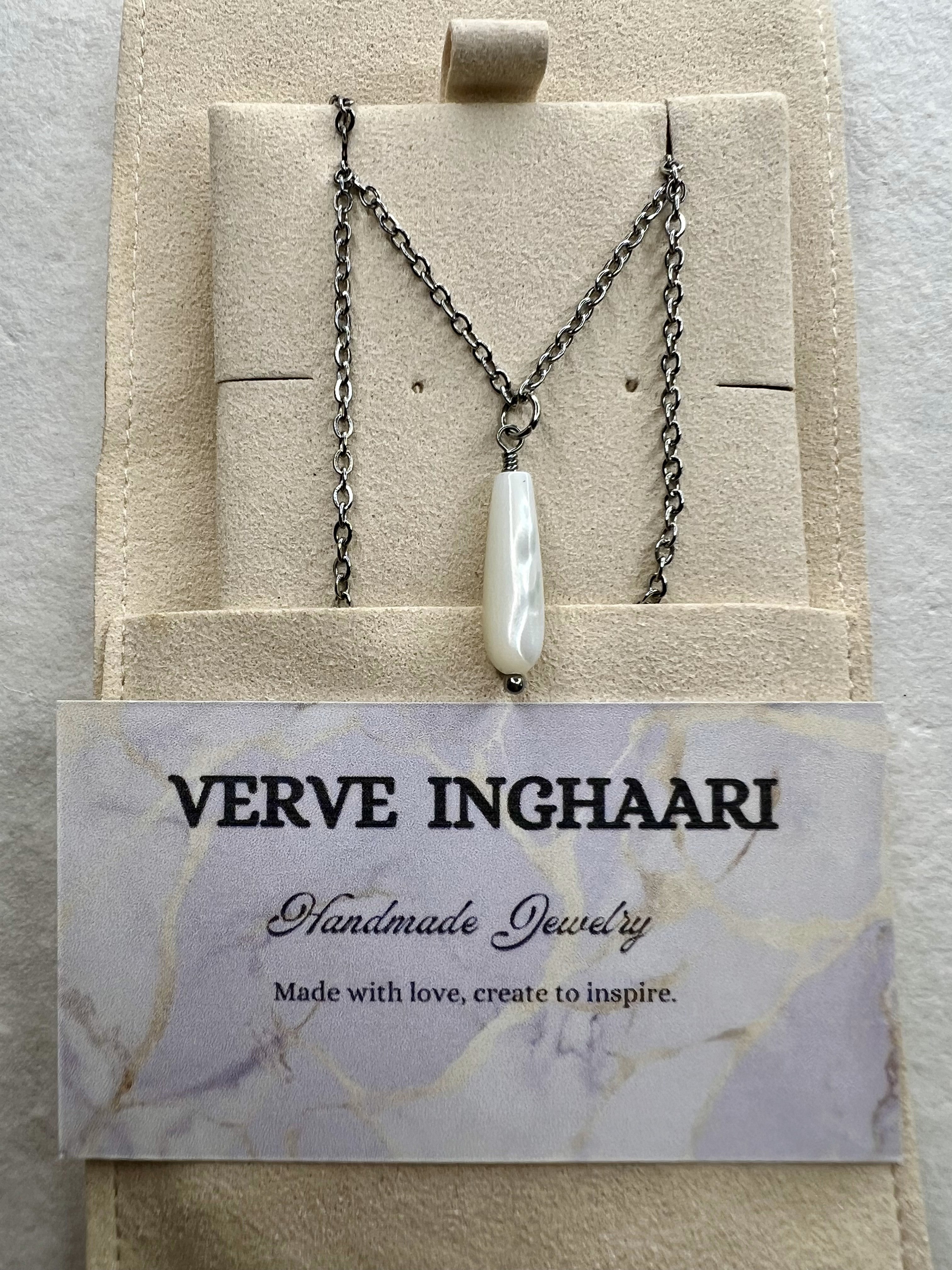 This Mother of Pearl drop necklace was created by Verve Inghaari