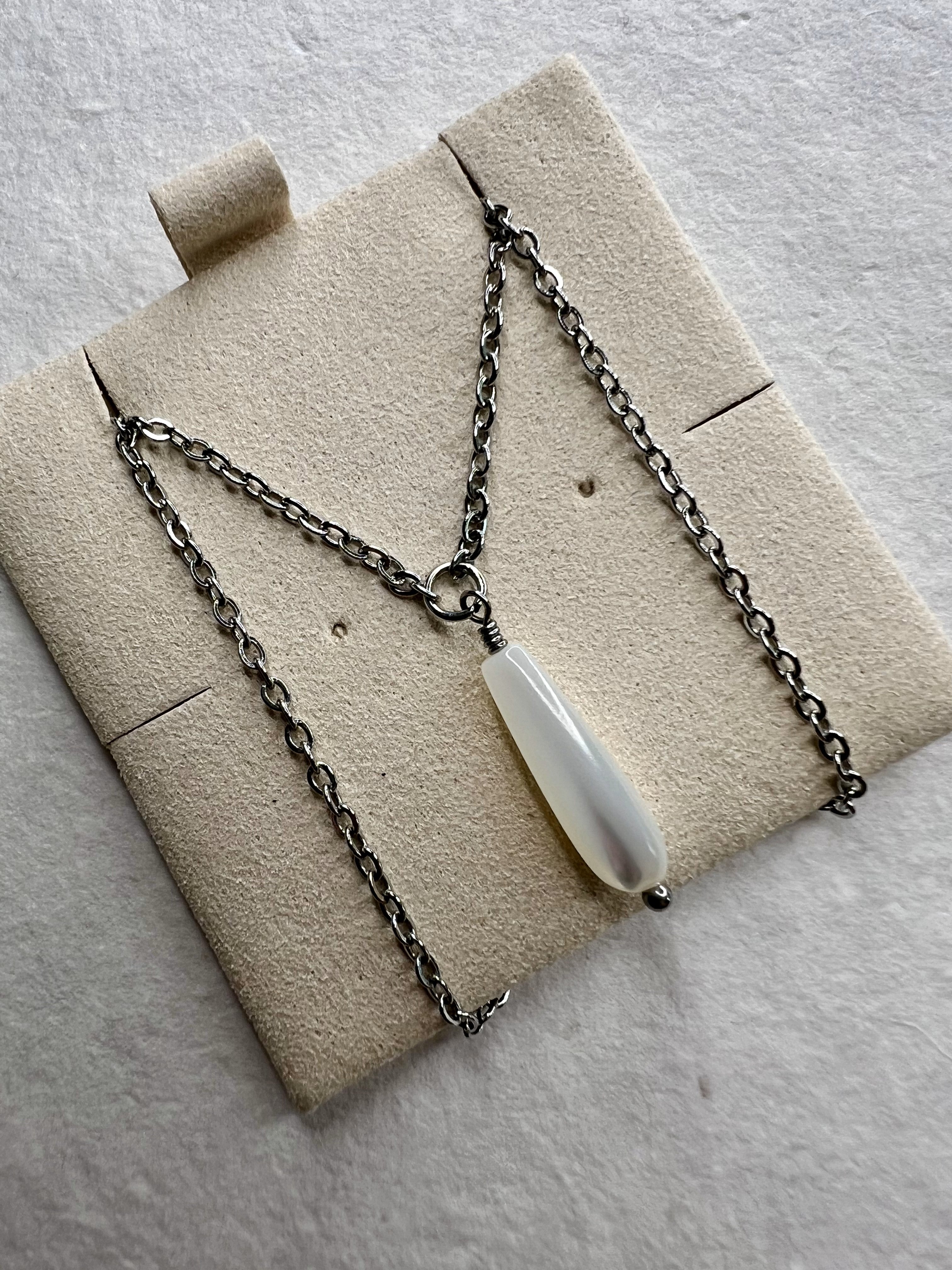 This Mother of Pearl drop necklace with non-tarnish stainless steel is a perfect gift 