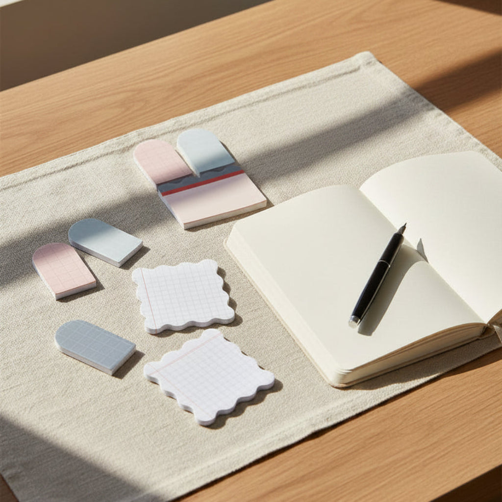 Notebook with pen and decorative coasters on a wooden surface