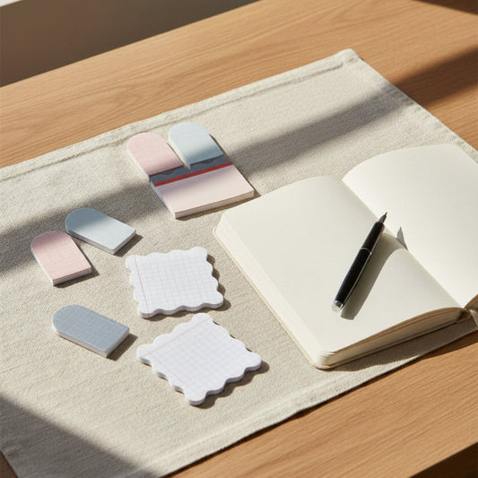 Notebook with pen and decorative coasters on a wooden surface