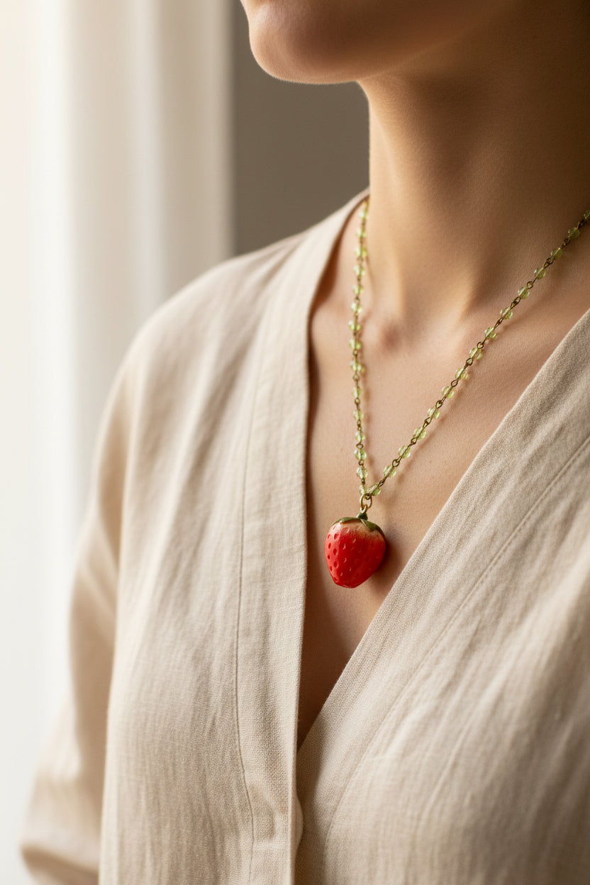 Strawberry necklace with green beads being worn in the sunlight in a light dress and neutral background