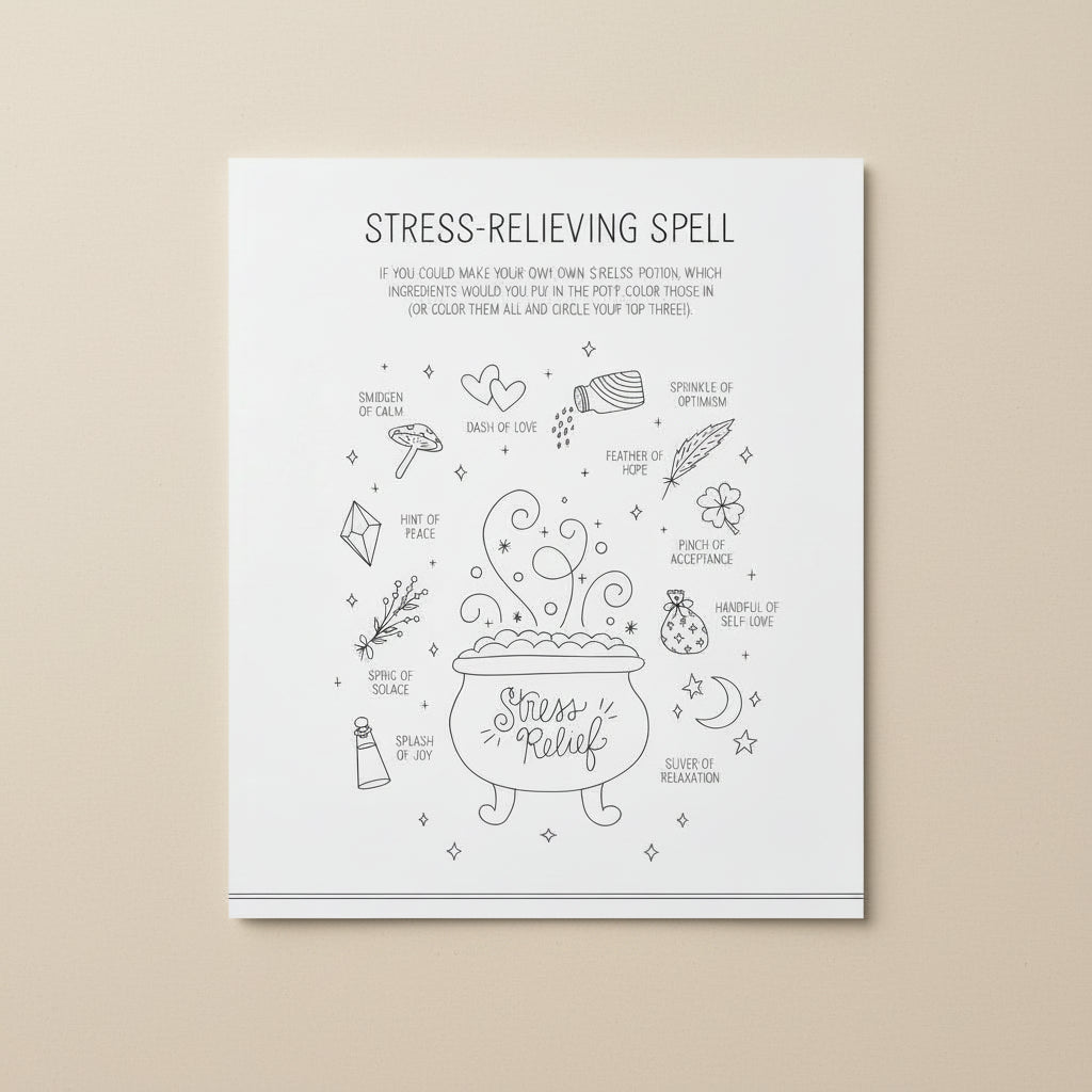 Stress-relieving spell coloring page with various elements and text on a white background