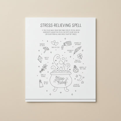 Stress-relieving spell coloring page with various elements and text on a white background