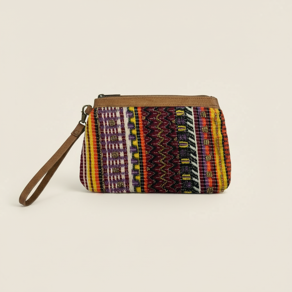 Festive striped fabric wristlet on a white background.