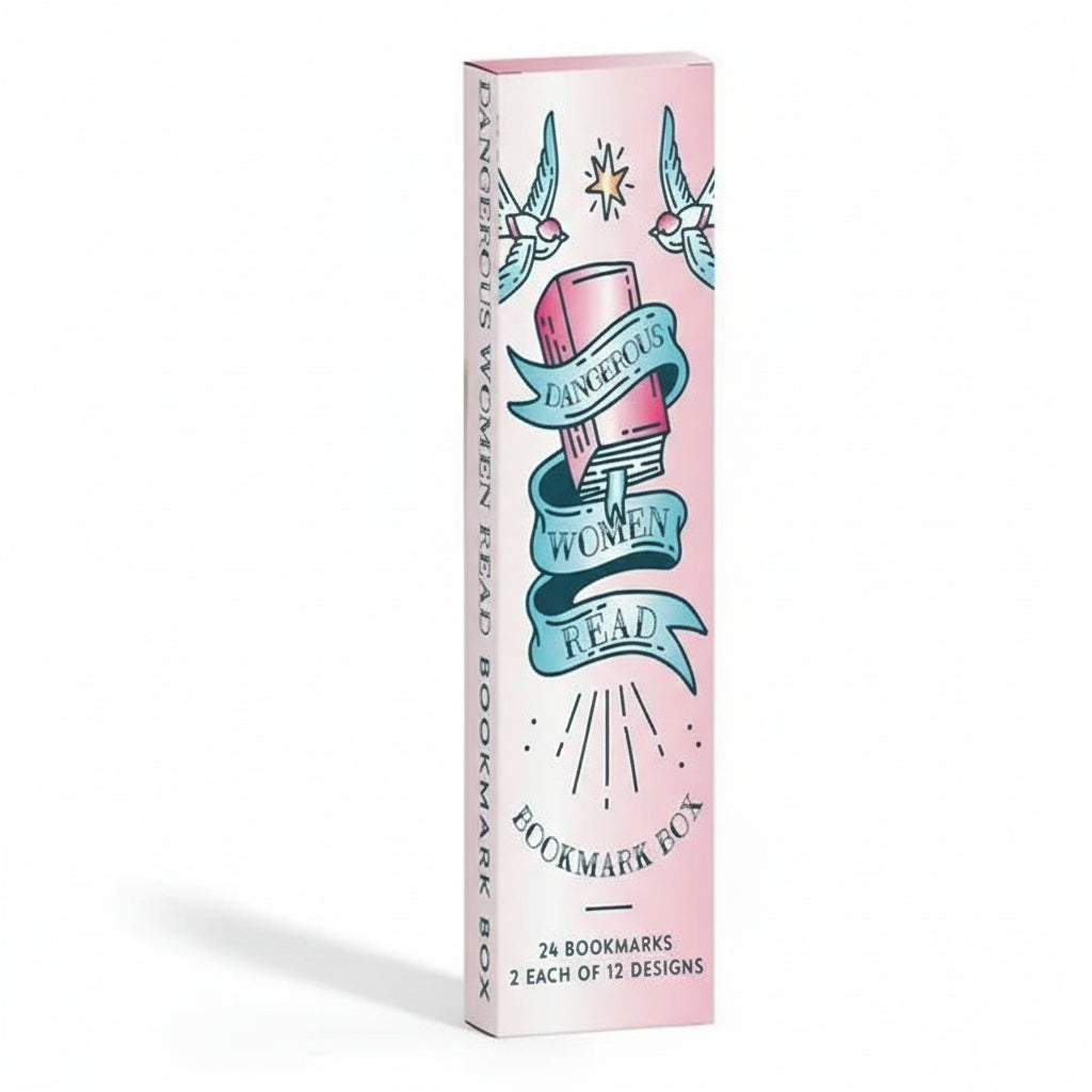 Bookmark box labeled “Dangerous Women Read” with vintage tattoo-style art