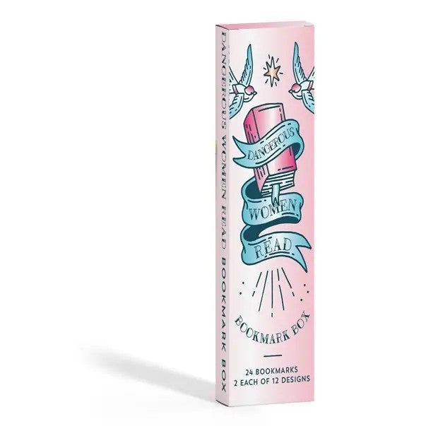 Bookmark box labeled “Dangerous Women Read” with vintage tattoo-style art